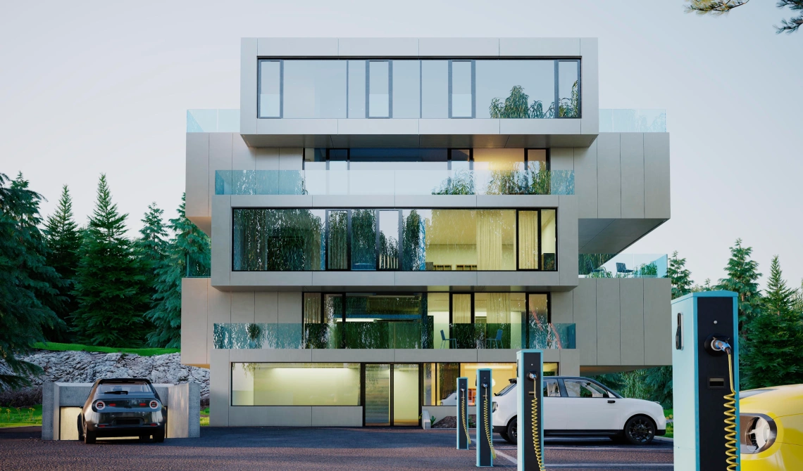 edificio y coche electrico 3d